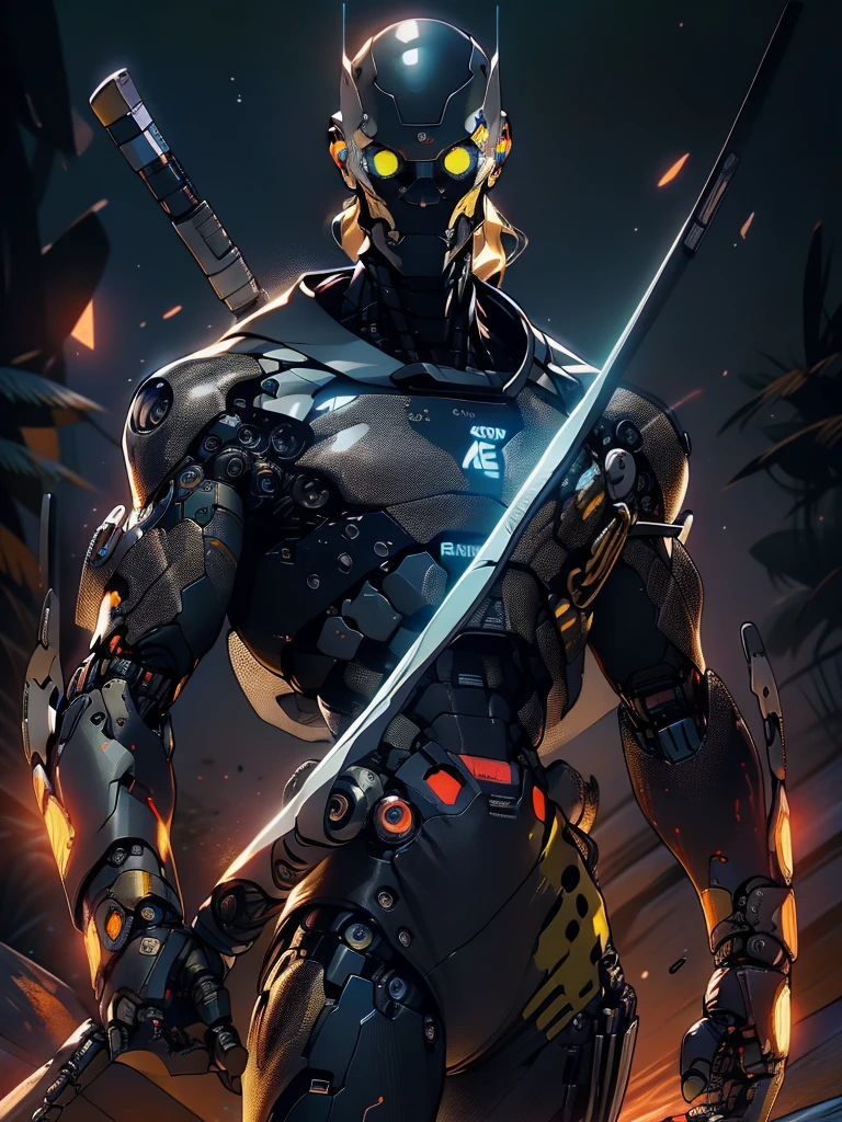 high quality, 4k, masterpiece, beautiful, cyborg girl, cowboy shot, dull eyes, back side, turning around to look at viewer, long blonde hair, girl, small breasts, fit thigh, robotic arms, robotic body, cyborg body, yellow accent, redaccent, intricate detail, joint, detailed lines, robotic detail, holding fist up, holding hand up as fist, color robotic parts, robotic parts with color, perfect fingers, on a desert planet, sunny background, colorful desert, a river in the background