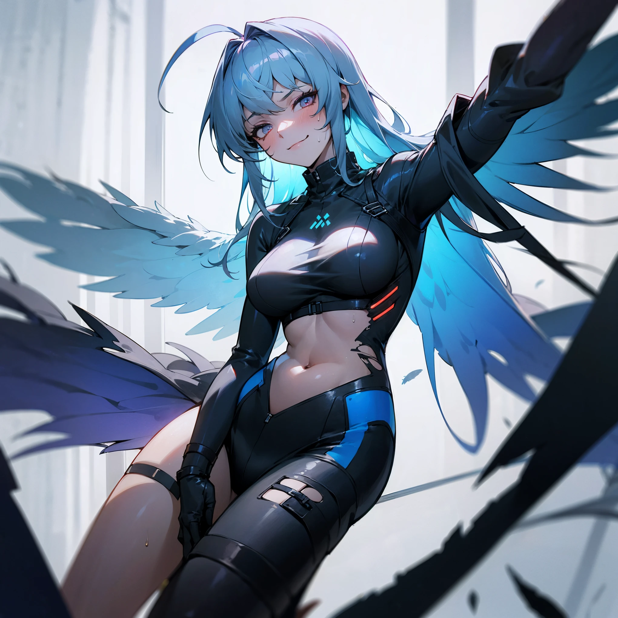 echanis_enicha, simple background, incredible high-key lighting, masterpiece, thighup shot, cowboy shot, high quality, ambient soft lighting, 4K, 1girl, alternate breast size, belly, breasts, big breasts, glowing, long hair, feathered bangs, bangs, feathered hair, navel, solo, stretching, futuristic, (gleaming skin), (sweating), (heavy breathing), thick, curvy, bodysuit, sleek bodysuit, techsuit, ahoge, looking at viewer, thigh highs, thigh strap, skindentation, ((transparent clothes)), navel, ((navel window)), midriff, tight, casual stance, underboob, boob window, ((slit eyes)), skinktight, asymmetrical clothes, best quality, realistic, absurdres, perfect shadows and lighting, ((torn clothes)) character study, wings, draconic wings, feathers, scales, lappland, arknights, pale blue hair, smirking