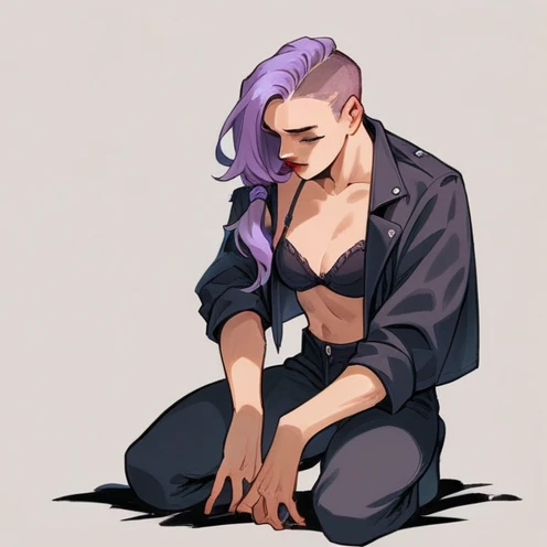 beautyful woman, lilac hair, red lipstick, sidecut hair, long hair, ponytail hair, kneeling, black bra, black jacket, black pants, concerned