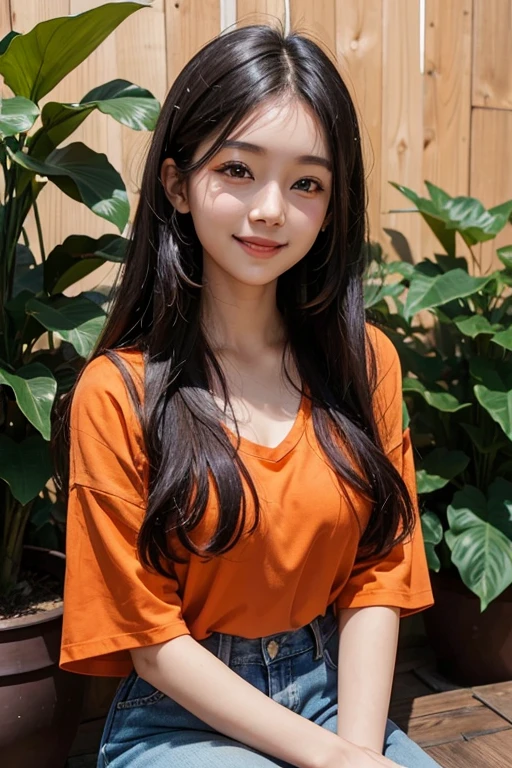A young asian woman with long dark hair wearing a orange top and a purple printn, smiling in front of a wooden background with some plants