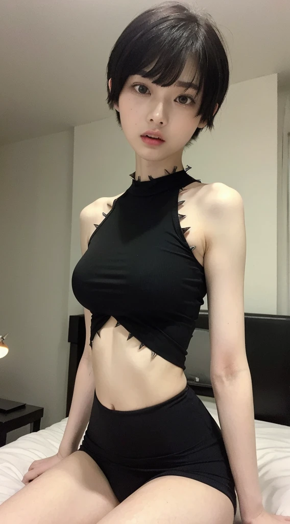(masterpiece), best quality, expressive eyes, perfect face, a asian girl, (spiky medium black hair),(pixie cut), big breasts, (white short top), slim body 1:1, ((serious expression)) 1:1, ((pale skin))1:1, sitting, indoor, in a bedroom