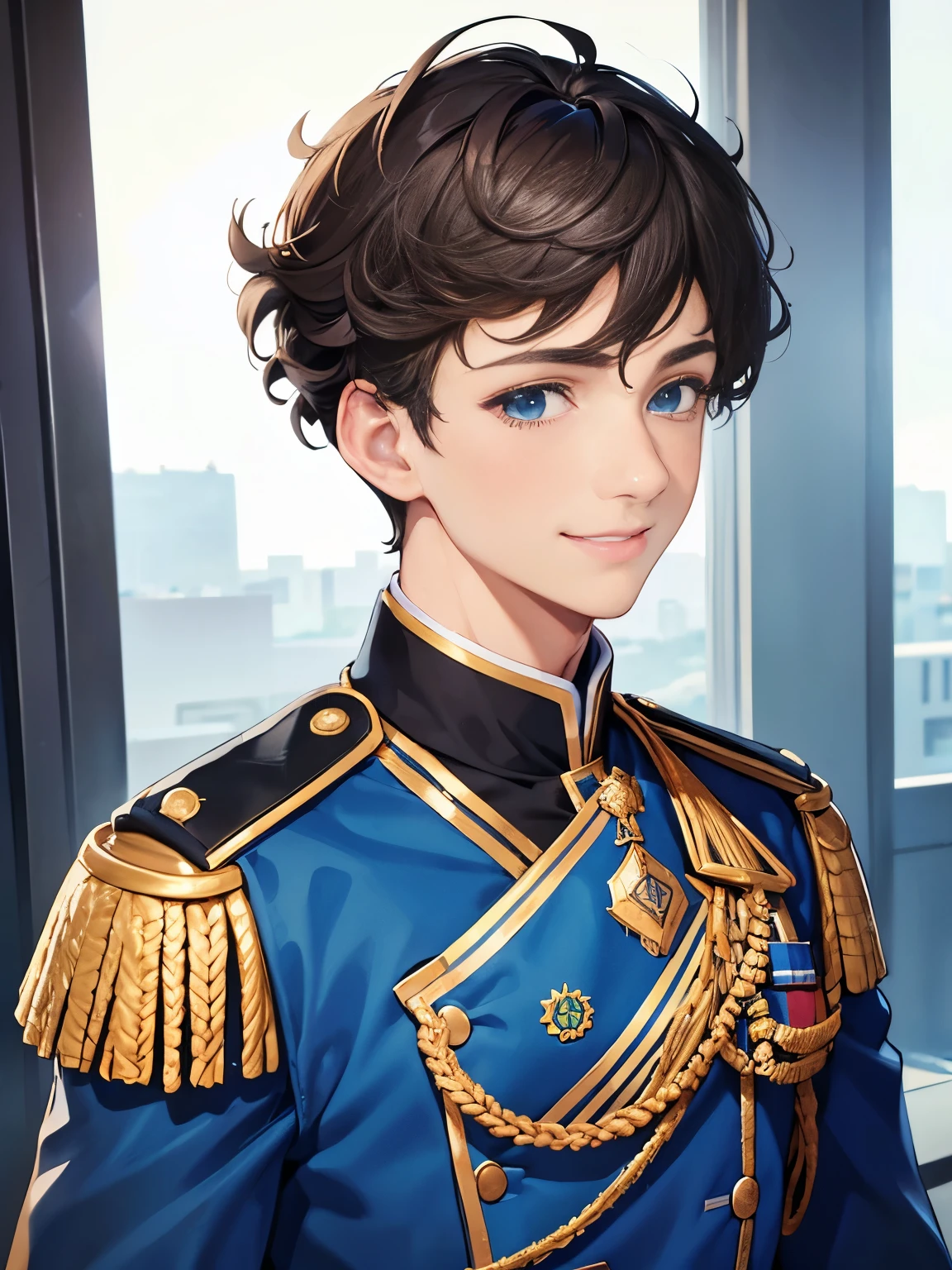 1boy,guy,Standing, at headquarters, blue army uniform,,Looking away,blue eyes,18 years old,Curly hair,medium hair,undercut hairstyle,light brown hair,,ultra detail, perfect face, hd face, detailed face, masterpiece,half body photo, smile