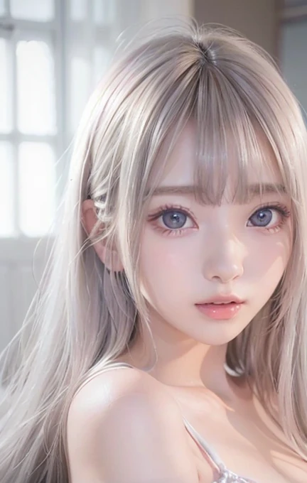silver shiny hair, super long straight silky hair, dazzling blonde super long silky hair, cute little beautiful face of 16 years old, beautiful girl, sparkling blonde dancing in front of her cute face, long silky bangs covering the space between her eyes, very beautiful, bright, large, bright blue eyes, very big eyes, hair hiding her face, sexy cute young woman with super long bangs, very white skin, cheek gloss highlighter, small beautiful face, round face, ample bust, nipples, embarrassed face, Light pink small nipples、A divine feeling、A face that feels great in the missionary position、A face lying in bed and feeling sexually aroused