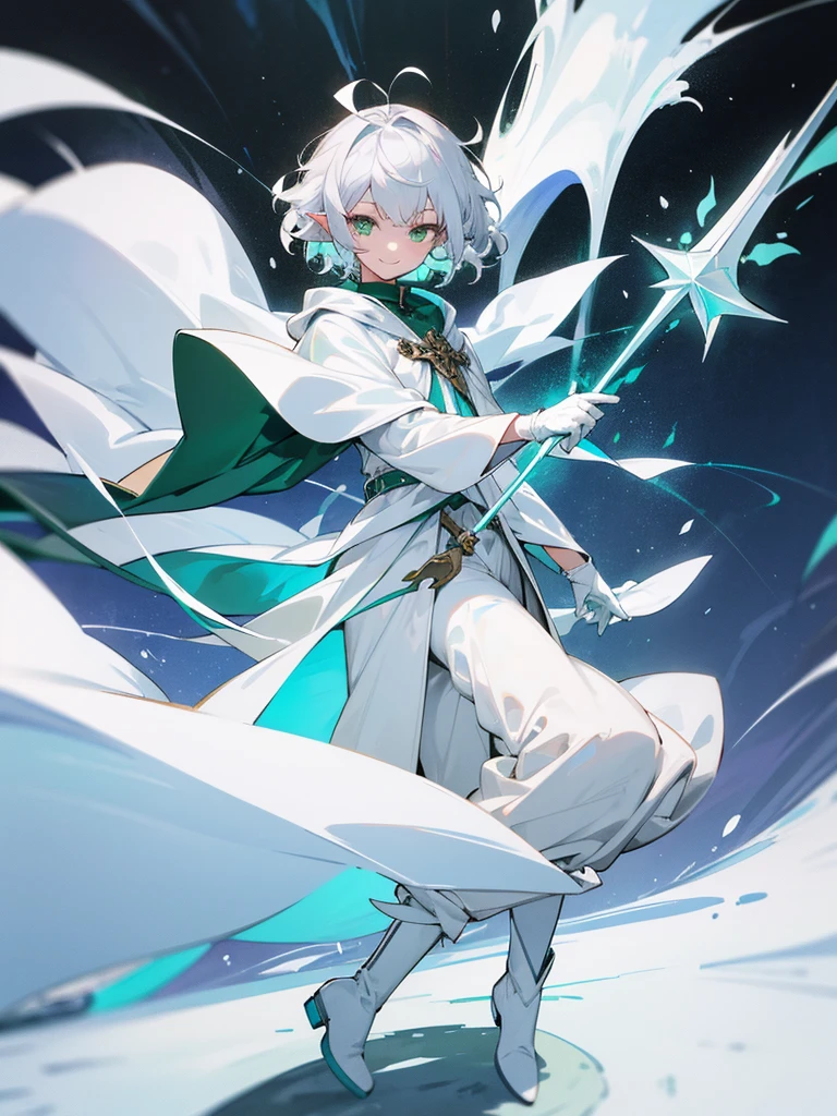 Elf, silver hair,short hair, medium cut, ahoge, curly hair,green eyes,slender, fair skin, cool Smile, robe, cloak, White gloves, long boots, pants, ice loads magic effect,