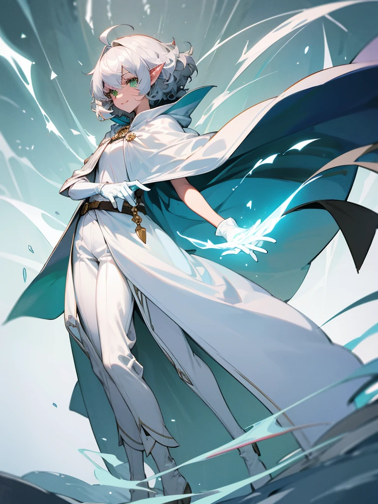 Elf, silver hair,short hair, medium cut, ahoge, curly hair,green eyes,slender, fair skin, cool Smile, robe, cloak, White gloves, long boots, pants, ice loads magic effect,