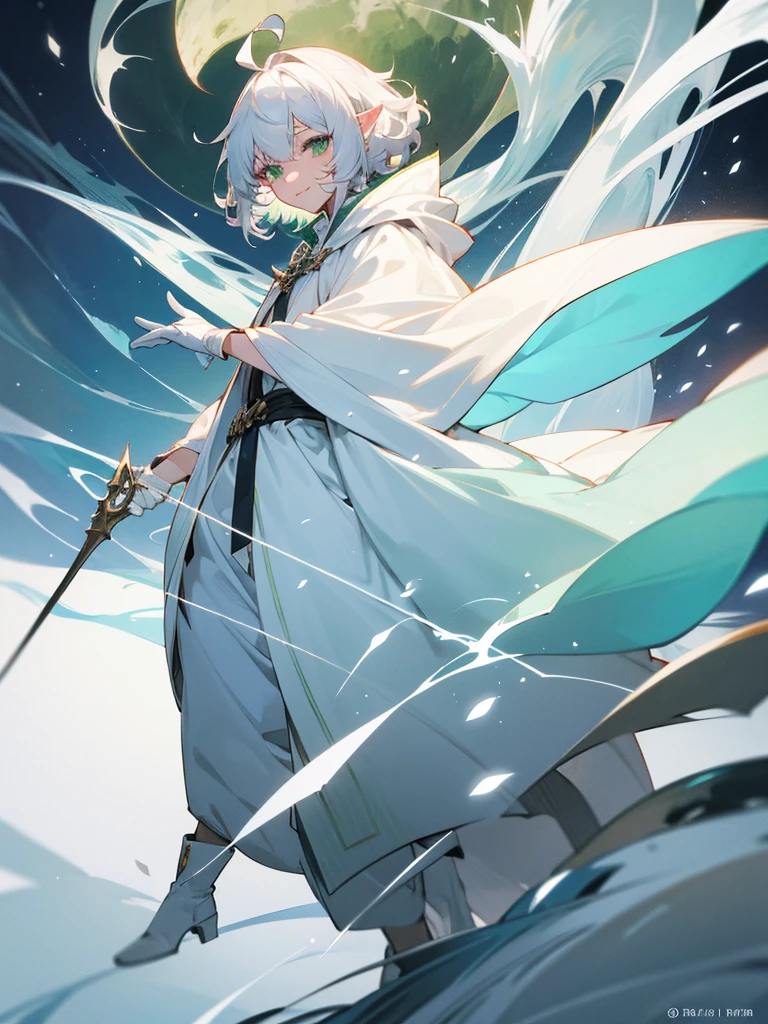 Elf, silver hair,short hair, medium cut, ahoge, curly hair,green eyes,slender, fair skin, cool Smile, robe, cloak, White gloves, long boots, pants, ice loads magic effect,