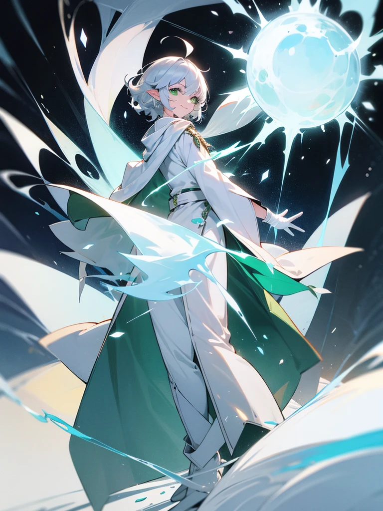 Elf, silver hair,short hair, medium cut, ahoge, curly hair,green eyes,slender, fair skin, cool Smile, robe,  cloak, White gloves, long boots, pants, ice loads magic effect, 