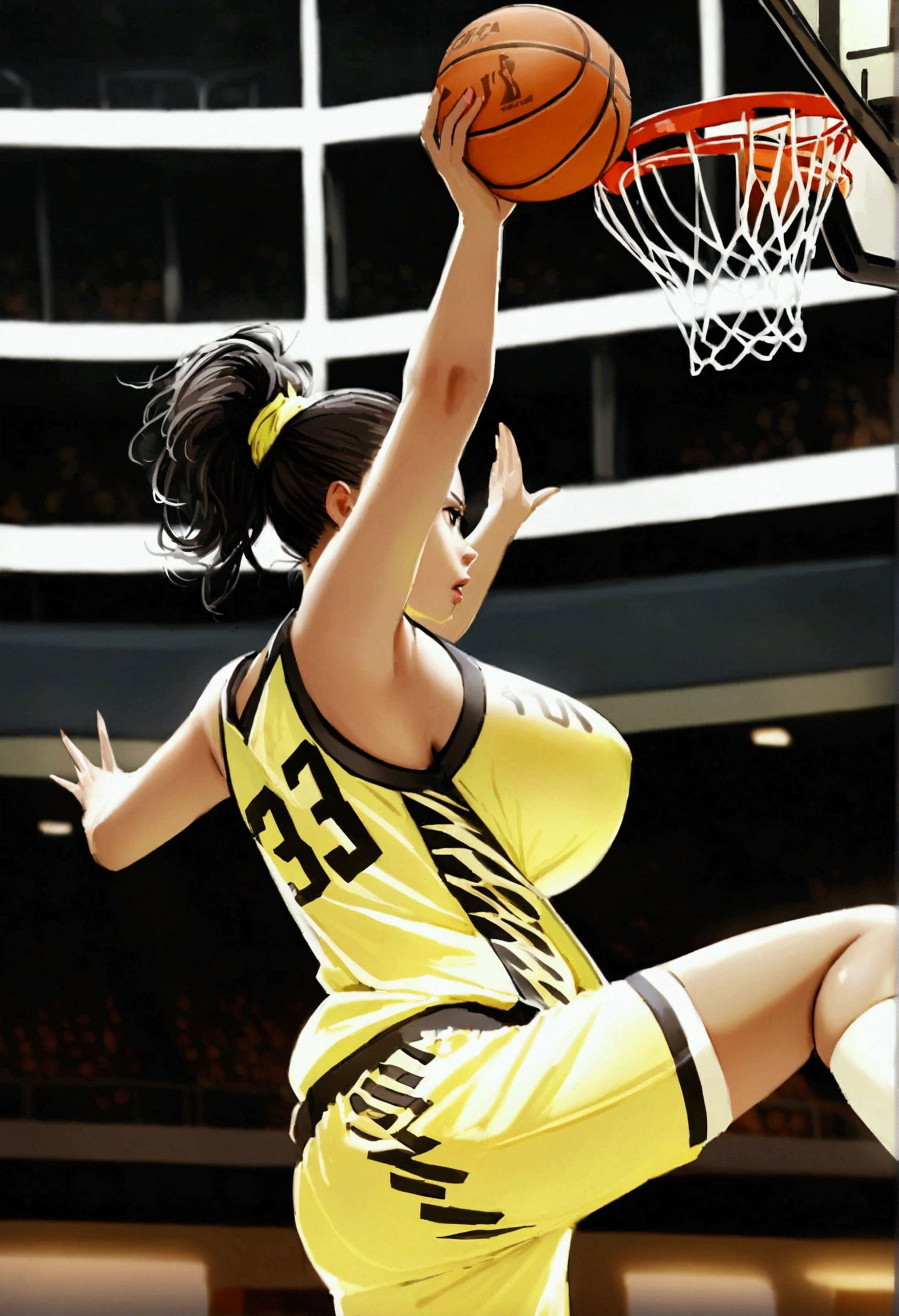 the moment of Game-Winning Dunk by beautiful busty female basketball player, full body shot, huge breasts