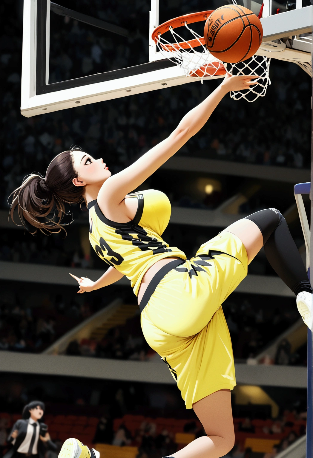 the moment of Game-Winning Dunk by beautiful busty female basketball player, full body shot, huge breasts