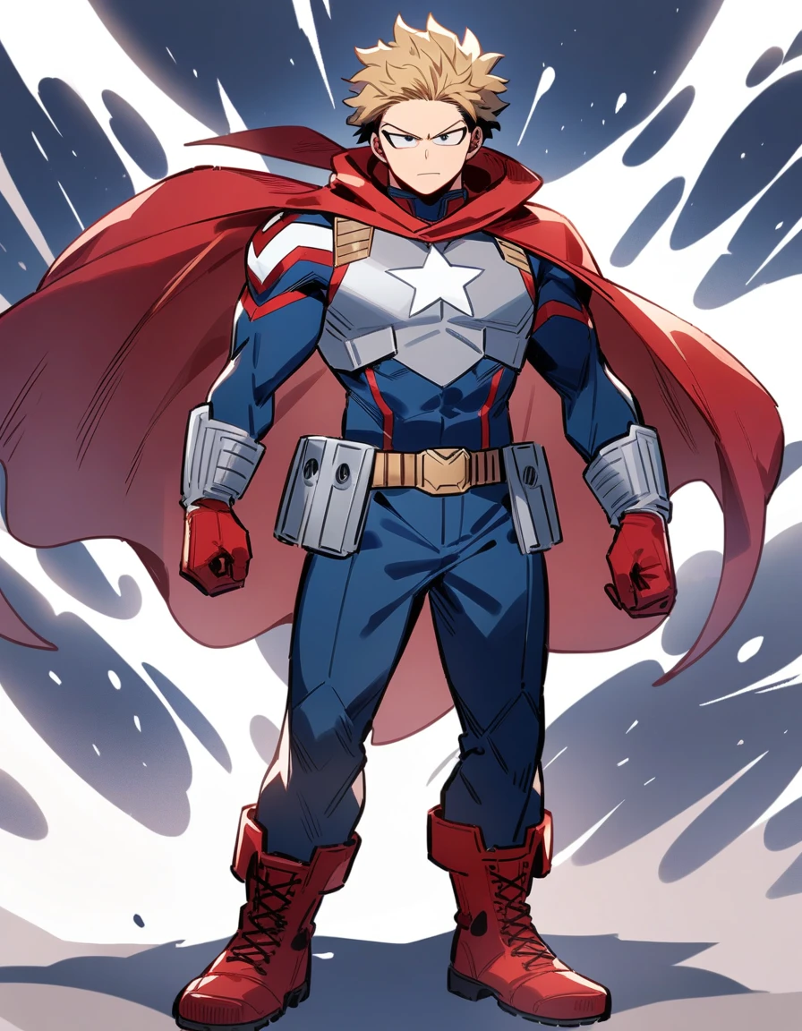 One boy, male focus, brown and blond hair, boku no hero academia, Izuku Midoriya look alike, masterpiece, best quality, very aesthetic, blue, red, white and silve super hero suit, Dark blue chest armor with a white star on the center of the chest. Red and white accents, Red gloves with silver details and a white star on top, Fitted Dark blue pants with red and white accents and a utility belt, Durable Dark red boots with silver details, Red cape with white edges, short and flowing, captain america like suit, proportionally anatomical, full body illustration, The posture should be upright and confident, with a serious facial expression.