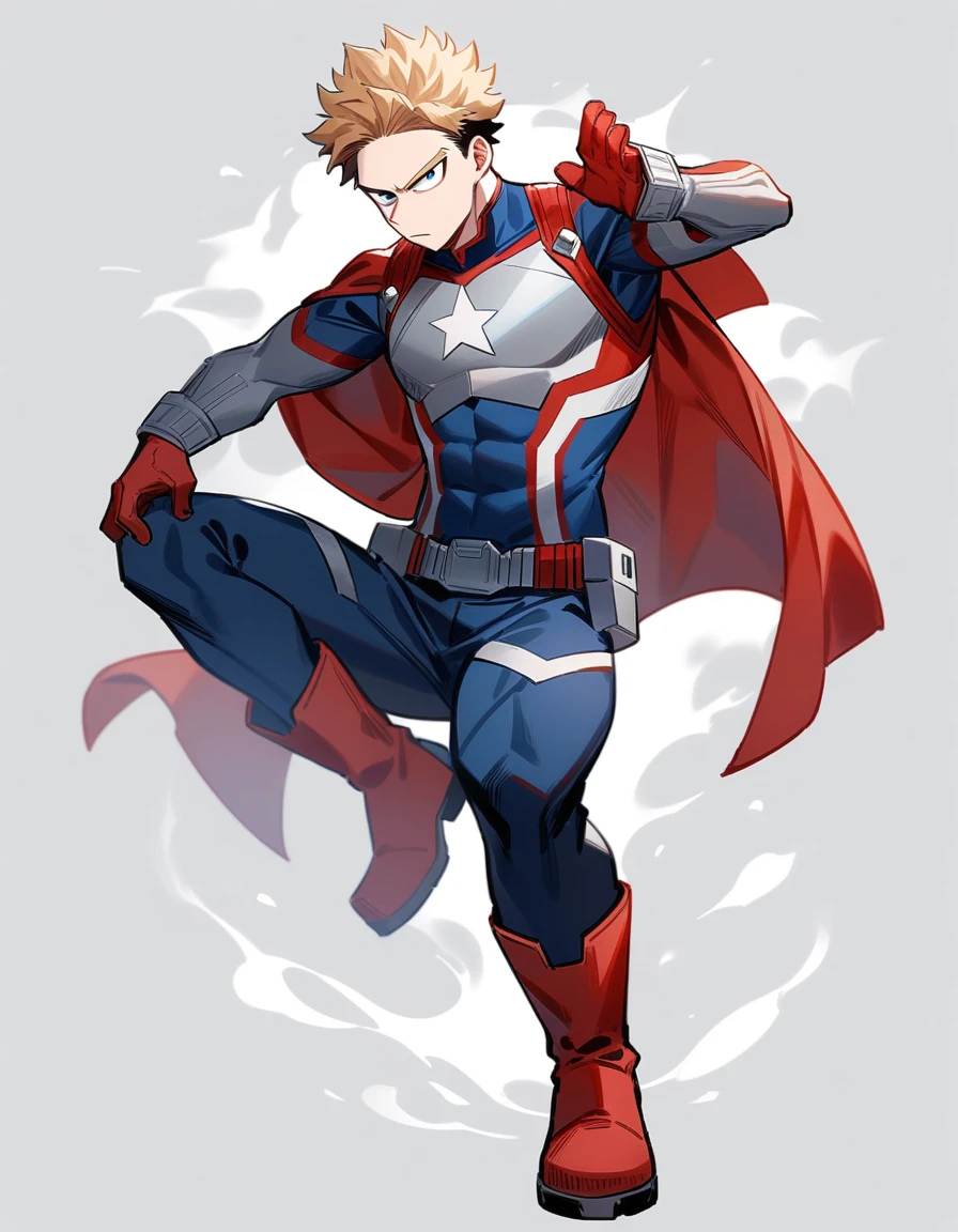 One boy, male focus, brown and blond hair, boku no hero academia, Izuku Midoriya look alike, masterpiece, best quality, very aesthetic, blue, red, white and silve super hero suit, Dark blue chest armor with a white star on the center of the chest. Red and white accents, Red gloves with silver details and a white star on top, Fitted Dark blue pants with red and white accents and a utility belt, Durable Dark red boots with silver details, Red cape with white edges, short and flowing, captain america like suit, proportionally anatomical, full body illustration, The posture should be upright and confident, with a serious facial expression.
