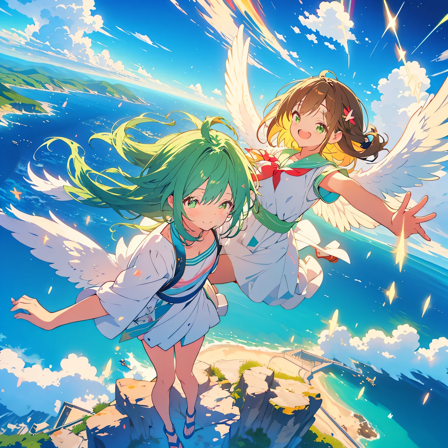 kawaii, anime, Cute, hyper quality, highly detailed, 8k, Front facing, Clarity, brown long hair, green eyes, smile, whole body, heaven, Rainbow colored wings on the back, particles of light, sky background, flapping its wings, Pose with movement, Fantastic, heaven, fantasy, water, Clearly depict facial expressions, fly into the sky, Richly colored, above the sky, Heaven, above the clouds, Composition overlooking the ground, look up at the sky, island country, sparkling sea, sparkling light, dancing in the air, fly off the ground, far away from the ground, jump,