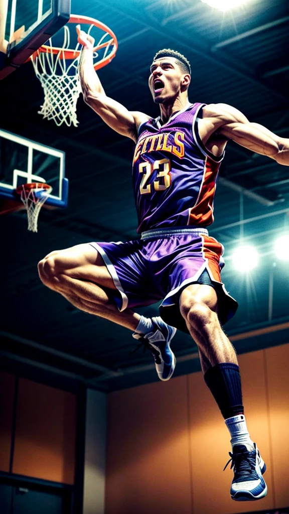 a beautiful female basketball player, performing a dunk shot, extremely detailed face and body, muscular athletic physique, focused expression, mid-air pose, basketball court background, dynamic motion blur, dramatic lighting, vibrant colors, cinematic composition, hyper realistic, award winning photograph quality