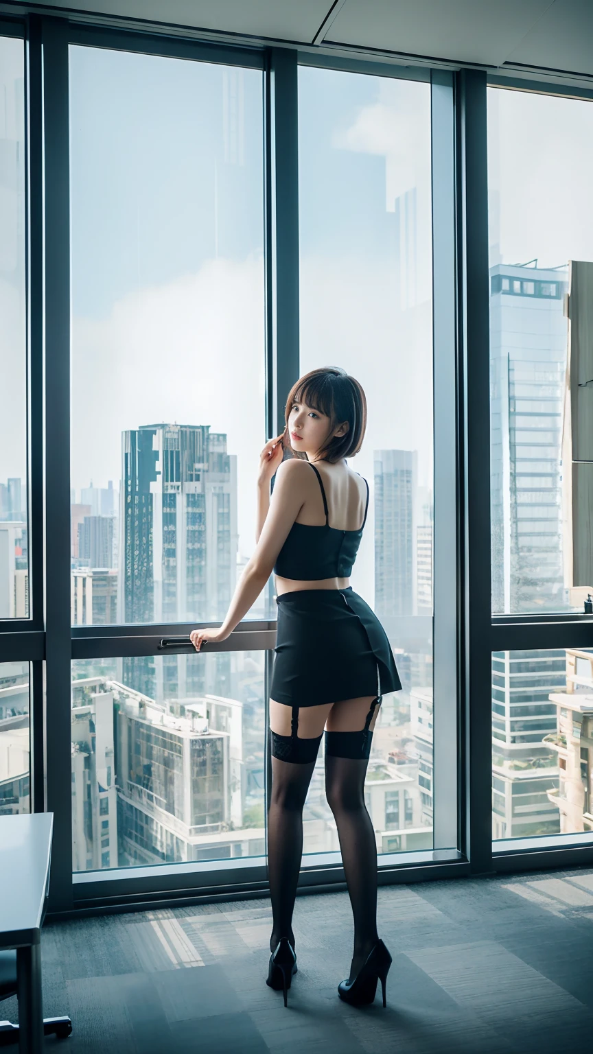 Conference room on the top floor of a high-rise building、OL Soule、mini skirt、ＣＨＡＮＥＬWind、Garter Stockings、Byheel、Put your hands on the window and stick your butt out、Pose to invite a man