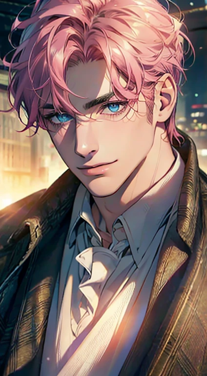 (Highest quality,4K,8K,High resolution,masterpiece:1.2),Super detailed,(Realistic,photoRealistic,photo-Realistic:1.37),1 person,31 years old,Mature Men,Beautiful skin、Profile、very handsome,Expressionless,smile,Short pink hair,blue eyes,Sharp Eyes,A perfect face without a doubt,Businessman,Office Background,Cinema Lighting,HDR image,tie、