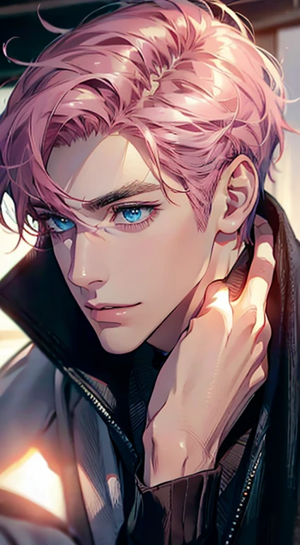 (Highest quality,4K,8K,High resolution,masterpiece:1.2),Super detailed,(Realistic,photoRealistic,photo-Realistic:1.37),1 person,31 years old,Mature Men,Beautiful skin、Profile、very handsome,Expressionless,smile,Short pink hair,blue eyes,Sharp Eyes,A perfect face without a doubt,Businessman,Office Background,Cinema Lighting,HDR image,tie、