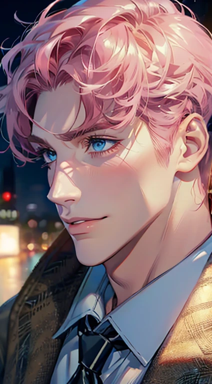 (Highest quality,4K,8K,High resolution,masterpiece:1.2),Super detailed,(Realistic,photoRealistic,photo-Realistic:1.37),1 person,31 years old,Mature Men,Beautiful skin、Profile、very handsome,Expressionless,smile,Short pink hair,blue eyes,Sharp Eyes,A perfect face without a doubt,Businessman,Office Background,Cinema Lighting,HDR image,tie、