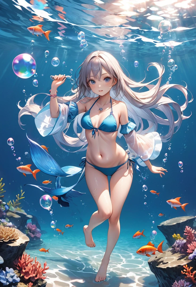 OceanIn the waterの少女と女性の写真、fish、Ocean、Oceanの生物、Fantasy、fashion、In the water、clothing、Fantasy、One Girl、fish、Long Hair、In the water、belly button、slim、solo、barefoot、Bubble、気Bubble、Removable sleeves、Swimwear、bikini、jewelry