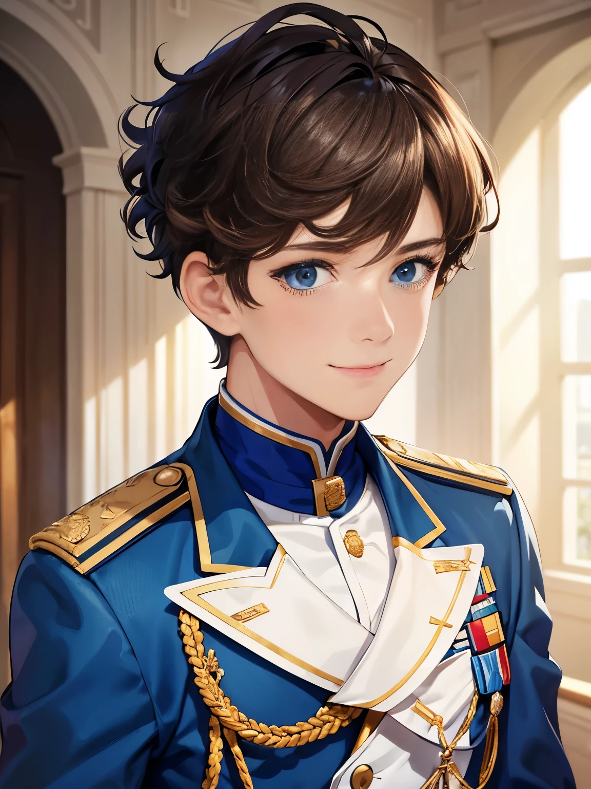 1boy,guy,Standing, at headquarters, blue army uniform,,Looking away,blue eyes,18 years old,Curly hair,medium hair,undercut hairstyle,light brown hair,,ultra detail, perfect face, hd face, detailed face, masterpiece,half body photo, smile , looking away