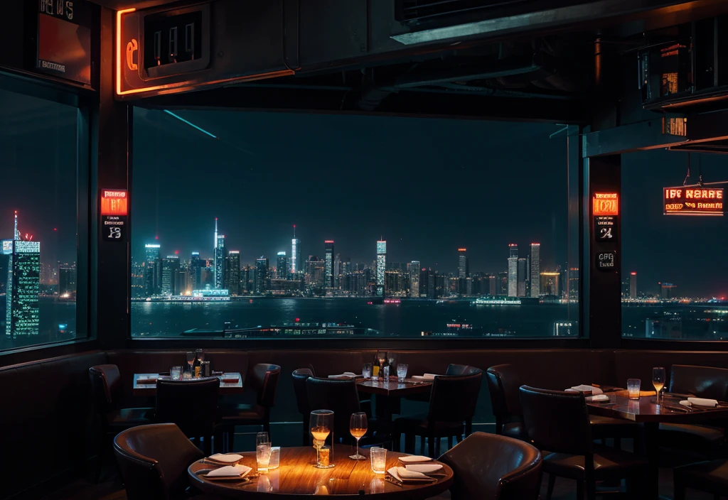 Dining with skyscrapers restaurant night view neon lights cyberpunk big city