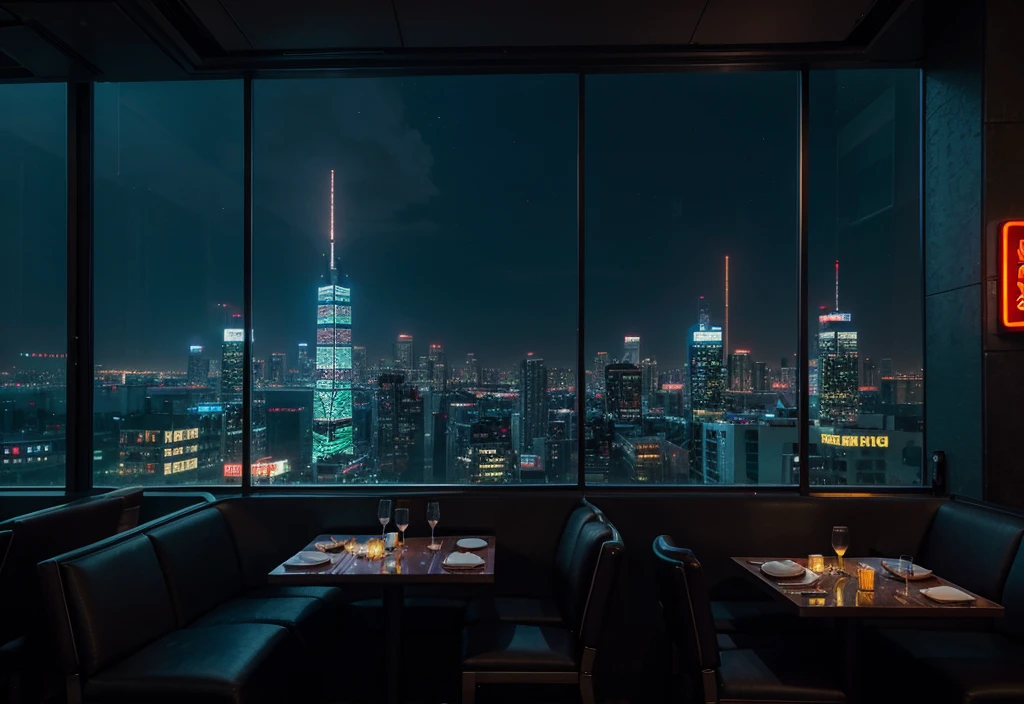 Dining with skyscrapers restaurant night view neon lights cyberpunk big city