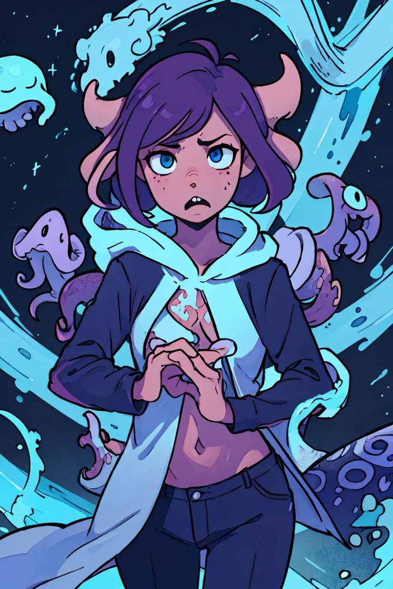 a white octopus with a blue and purple background, ctHulHu squid, alien squid, leviathan cthulhu squid, squid attack, very angry squid, Cthulu, portrait of a squid wizard, Tentacles in the universe, vivid tentacles, mix of creatures with tentacles, cyborg octopus, Foto de Cthulhu, cute cthulhu, estilo HP Lovecraft, Squid-like aliens, Cthulu portrait