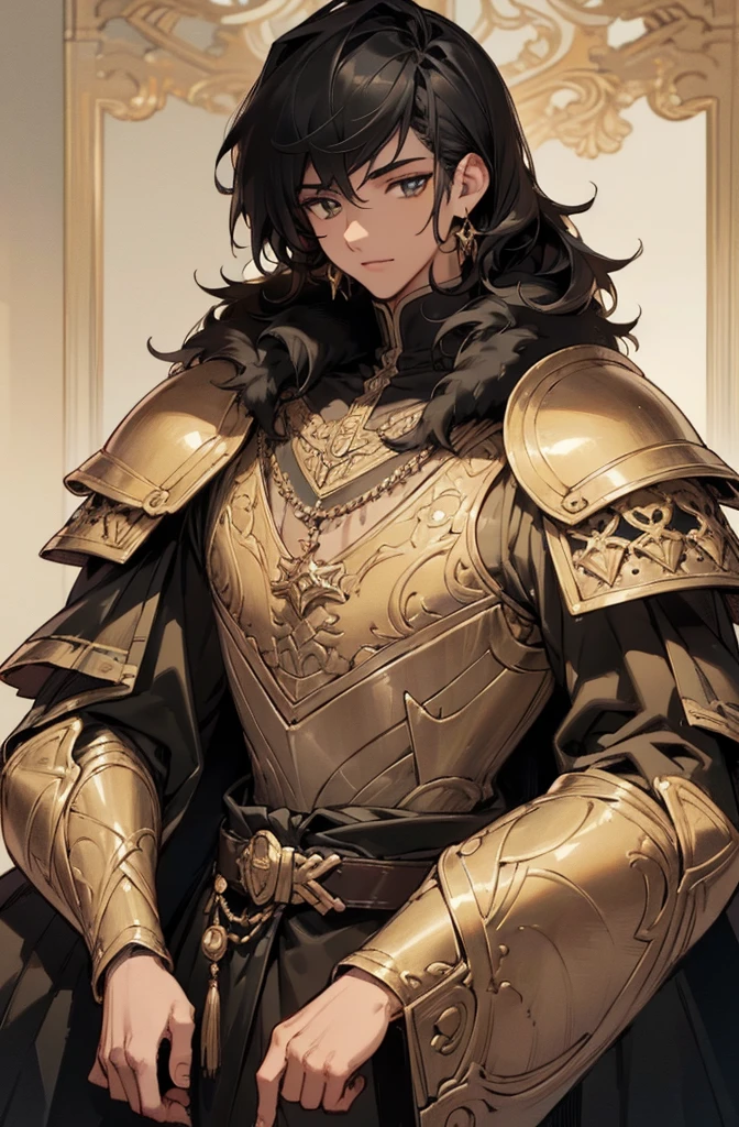 (Top quality details:1.22), 4K High Resolution, Super detailed, High-quality texture, Intricate details, Detailed Texture, In detail, High detail, High Quality Shadows, beautiful and delicate eyes, human, man, male, golden eyes, black hair, tan skin, trimmed fur coat, knight armor,