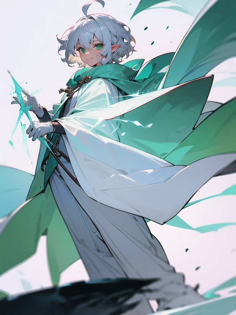 Elf, silver hair,short hair, medium cut, ahoge, curly hair,green eyes,slender, fair skin, cool Smile, robe, cloak, White gloves, long boots, pants, ice loads magic effect,