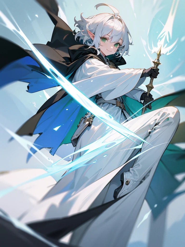 Elf, silver hair,short hair, medium cut, ahoge, curly hair,green eyes,slender, fair skin, cool Smile, robe, cloak, White gloves, long boots, pants, ice loads magic effect,