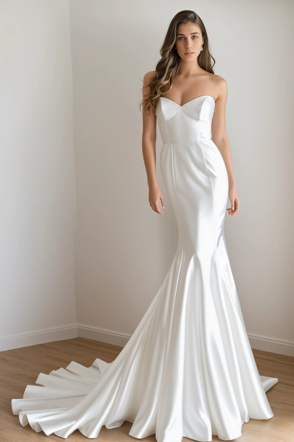 Best quality, 8k, 32k, Masterpiece, Masterpiece, (Photorealistic: 1.4), RAW photo, ultra realistic, 1girl, Fashion model, Wearing a mermaid wedding dress, satin fabric, full length view, pose Stand upright in white room with a minimalist design, featuring white walls and a clean, modern aesthetic.