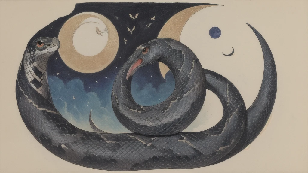 work of art, best qualityer, Snake and butterfly, crescent moon, tatto.