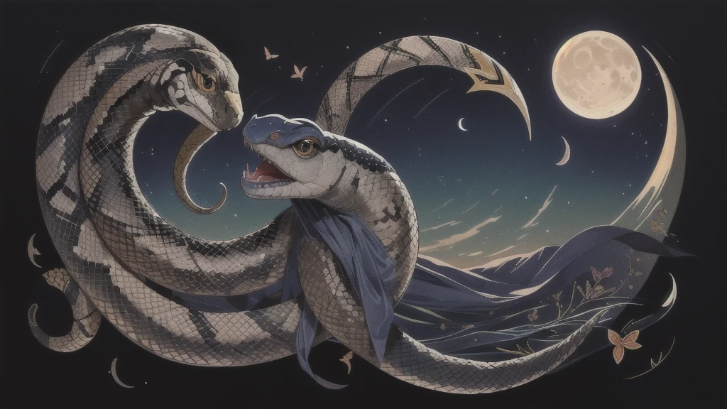 work of art, best qualityer, Snake and butterfly, crescent moon, tatto.