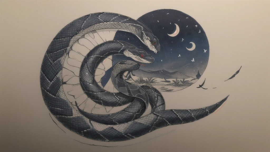 work of art, best qualityer, Snake and butterfly, crescent moon, tatto.