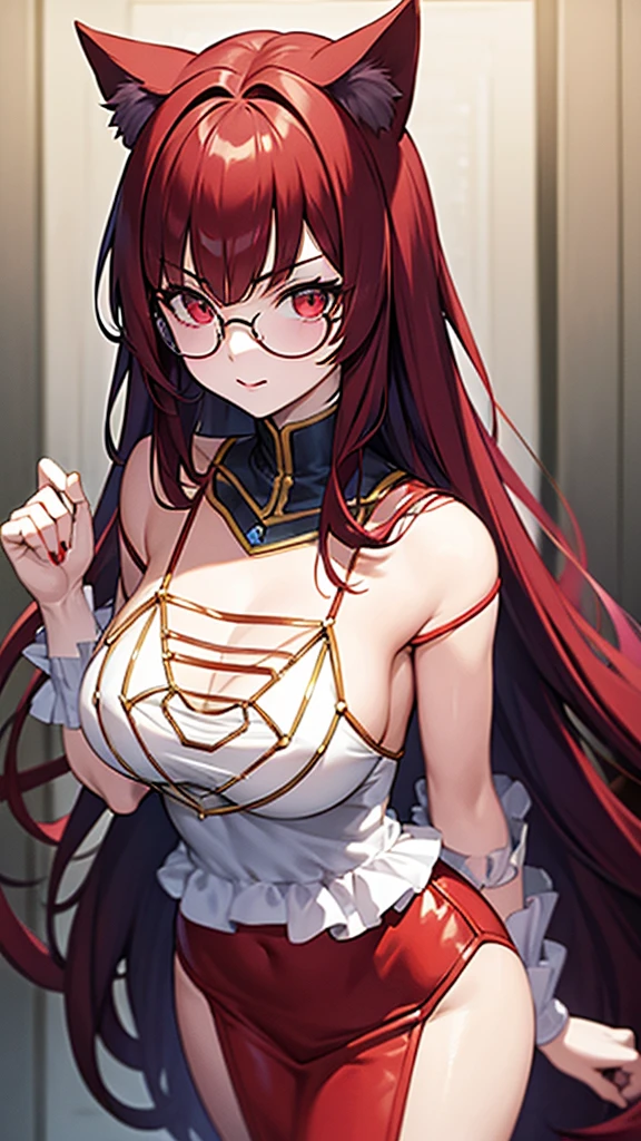 (Masterpiece), (best quality), A 20-year-old female villain with long dark red hair, red eyes, chest with red cat ears, round glasses, a black dress, standing.