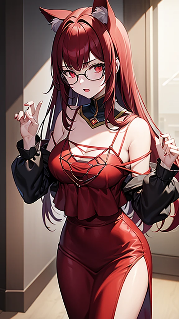 (Masterpiece), (best quality), A 20-year-old female villain with long dark red hair, red eyes, chest with red cat ears, round glasses, a black dress, standing.