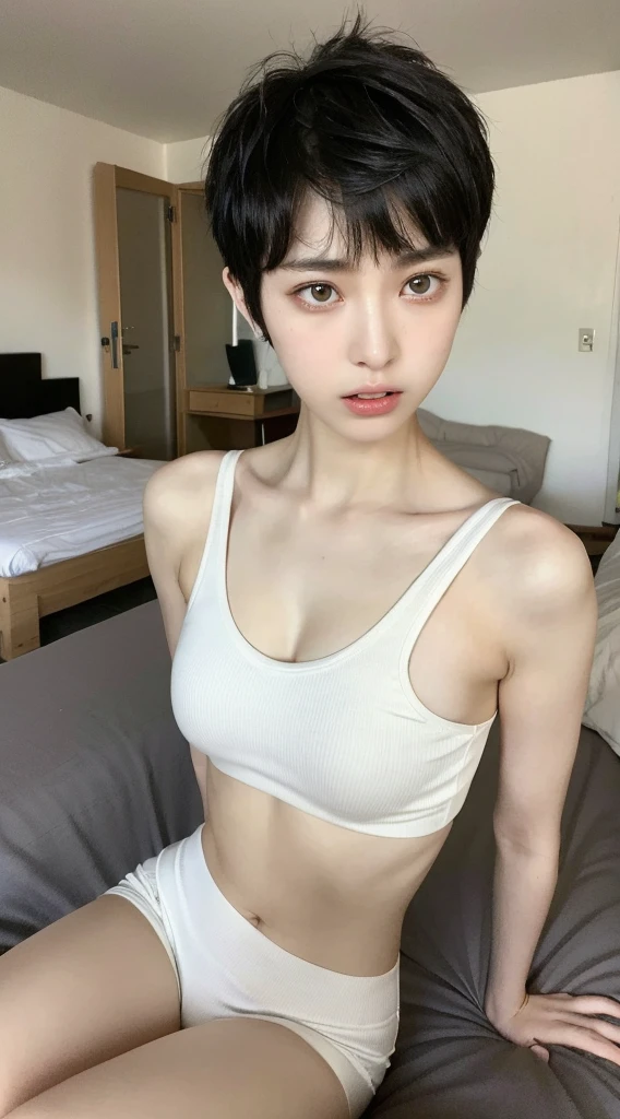 (masterpiece), best quality, expressive eyes, perfect face, a asian girl, (spiky medium black hair),(pixie cut), huge breasts, (white short top), slim body 1:1, ((serious expression)) 1:1, ((pale skin))1:1, sitting, indoor, in a bedroom