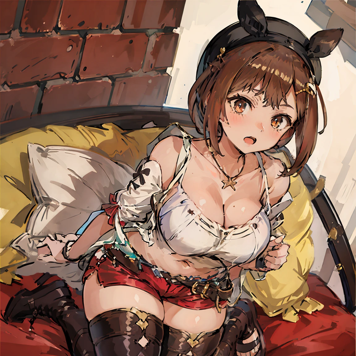 (Highest quality, 8K, masterpiece :1.3),Lizaリン・シュタウト(Lizaのアトリエ),Liza, One woman,Large Breasts,short hair,Brown Hair,hair band,Clothing,hat,White shirt,White camisole,Red shorts,Brown long boots,Blowjob,nsfw,Plump body,Thighs