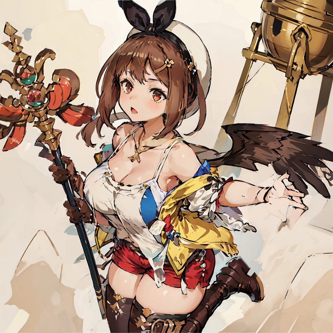 (Highest quality, 8K, masterpiece :1.3),Lizaリン・シュタウト(Lizaのアトリエ),Liza, One woman,Large Breasts,short hair,Brown Hair,hair band,Clothing,hat,White shirt,White camisole,Red shorts,Brown long boots,Blowjob,nsfw,Plump body,Thighs