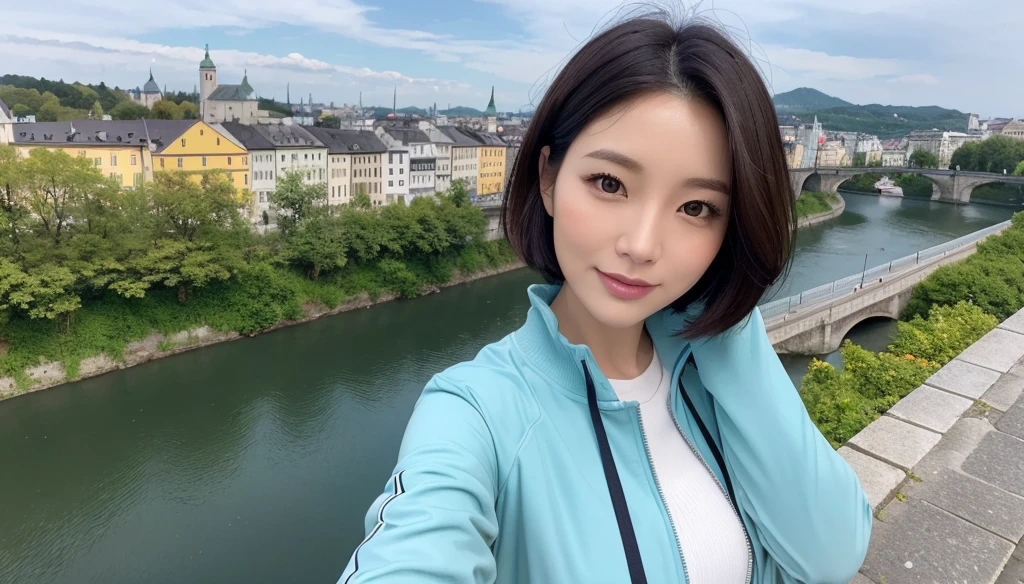 high quality, 1 woman, ((36-year-old healthy Korean woman)), ((36 years old)), 1 woman, eyes are big and beautiful. ((slim)), ((short medium hair)), Smile. pose: standing, windbreaker jacket, background:Your residence is a baroque townhouse with a plaster façade and wrought iron railings.., autumn, Maple, Overlooking the Salzach River and Hohensalzburg Fortress, looking slightly up, 1 woman, Full body shot with Canon 16-34 wide angle lens, river view, looking up the side