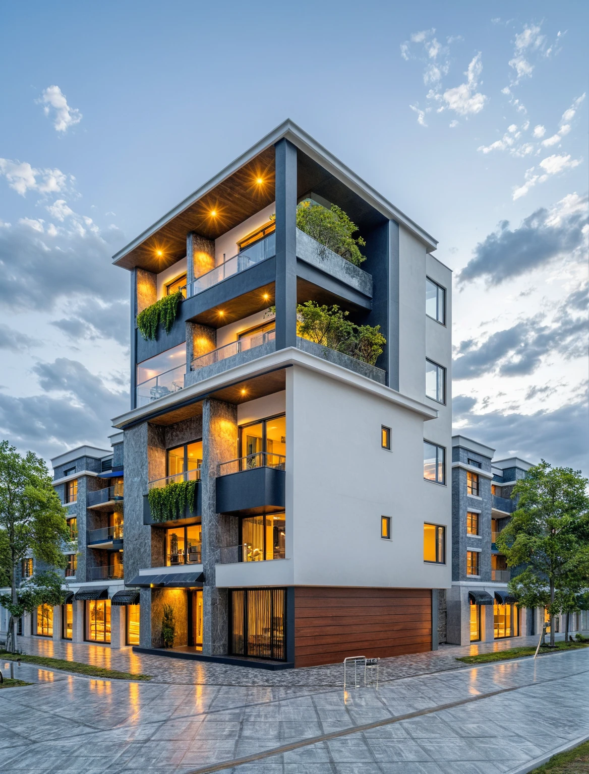 Masterpiece, high quality, best quality, authentic, super detail, outdoors, onestoreyvillaXL, aiaigroup, house style modern on the street ,stairs, white wall ,road,pavement, grass, trees, sky, cloud, (daylight:1.1)