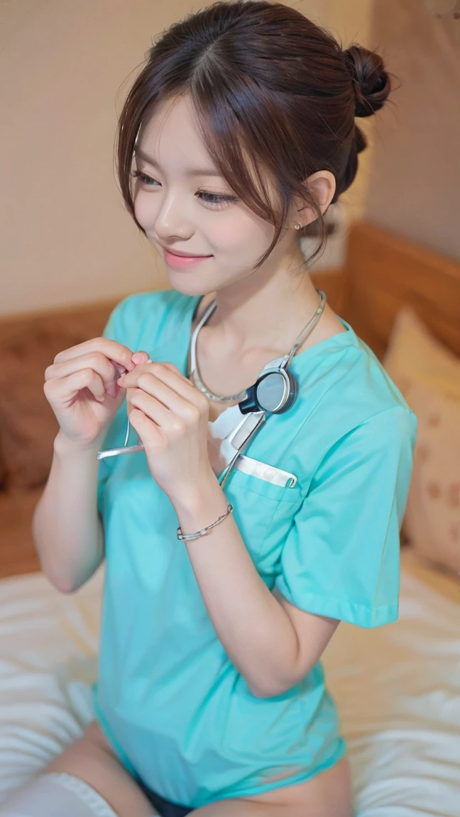 Turquoise short sleeve nursing uniform、Collarless nursing uniform、Stethoscope、necklace、Exposing the forehead、Hair Bun、Surgery Bag、smile、Hold a condom in your hand、Look straight at the camera and hold it out in front of you、be quiet、Front view of face from above、super close up face、be quietする、White tights、Cute Panties