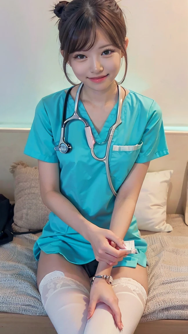 Turquoise short sleeve nursing uniform、Collarless nursing uniform、Stethoscope、necklace、Exposing the forehead、Hair Bun、Surgery Bag、smile、Hold a condom in your hand、Look straight at the camera and hold it out in front of you、be quiet、Front view of face from above、super close up face、be quietする、White tights、Cute Panties