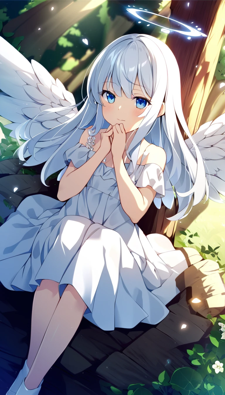 one girl, , angel, sacred, white hair, cute, angel wing, light blue eyes, white dress, beautiful