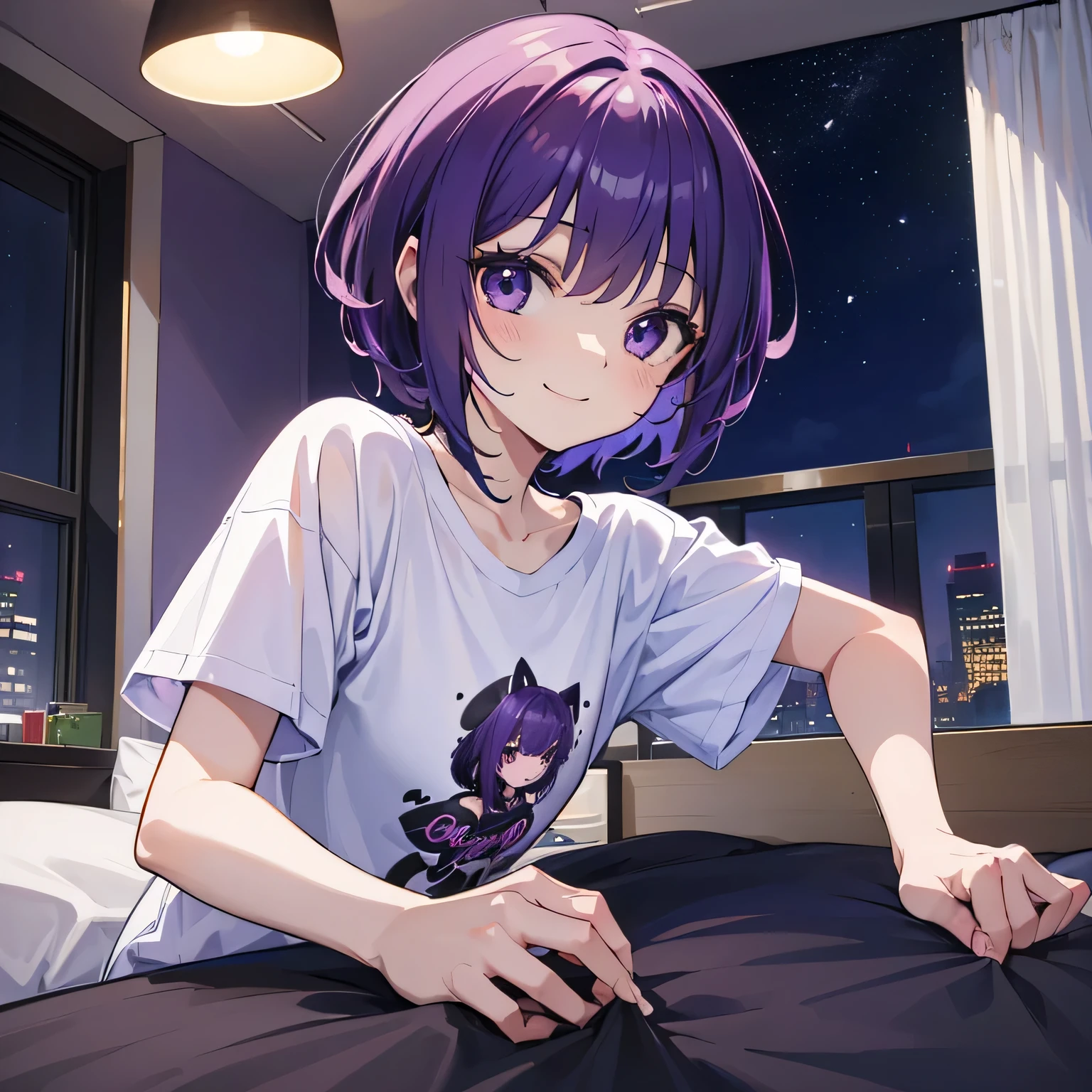 (T Masterpiece，4k wallpaper，Best Quality))、((girl１people))、(solo)、Bright and Brilliant，(Purple Hair)、(short hair:1.3)、smile、Bedroom、T-Shirts、night