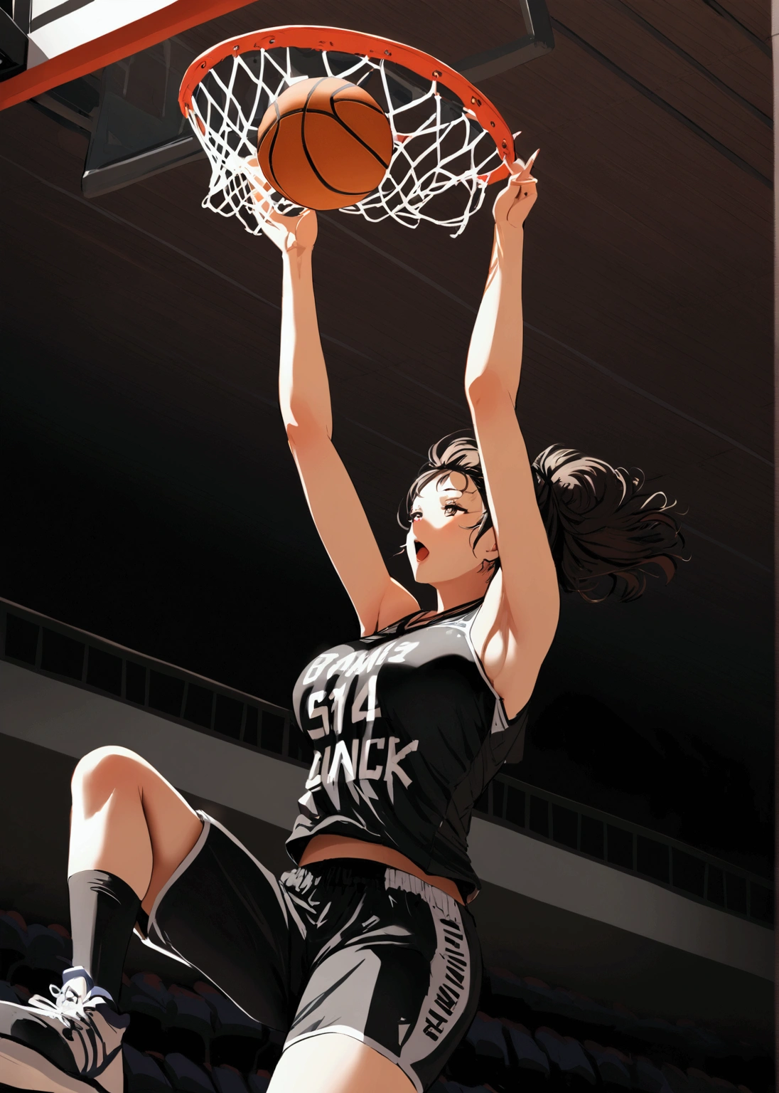 the moment of Game-Winning Dunk by beautiful busty female basketball player, full body shot, huge breasts