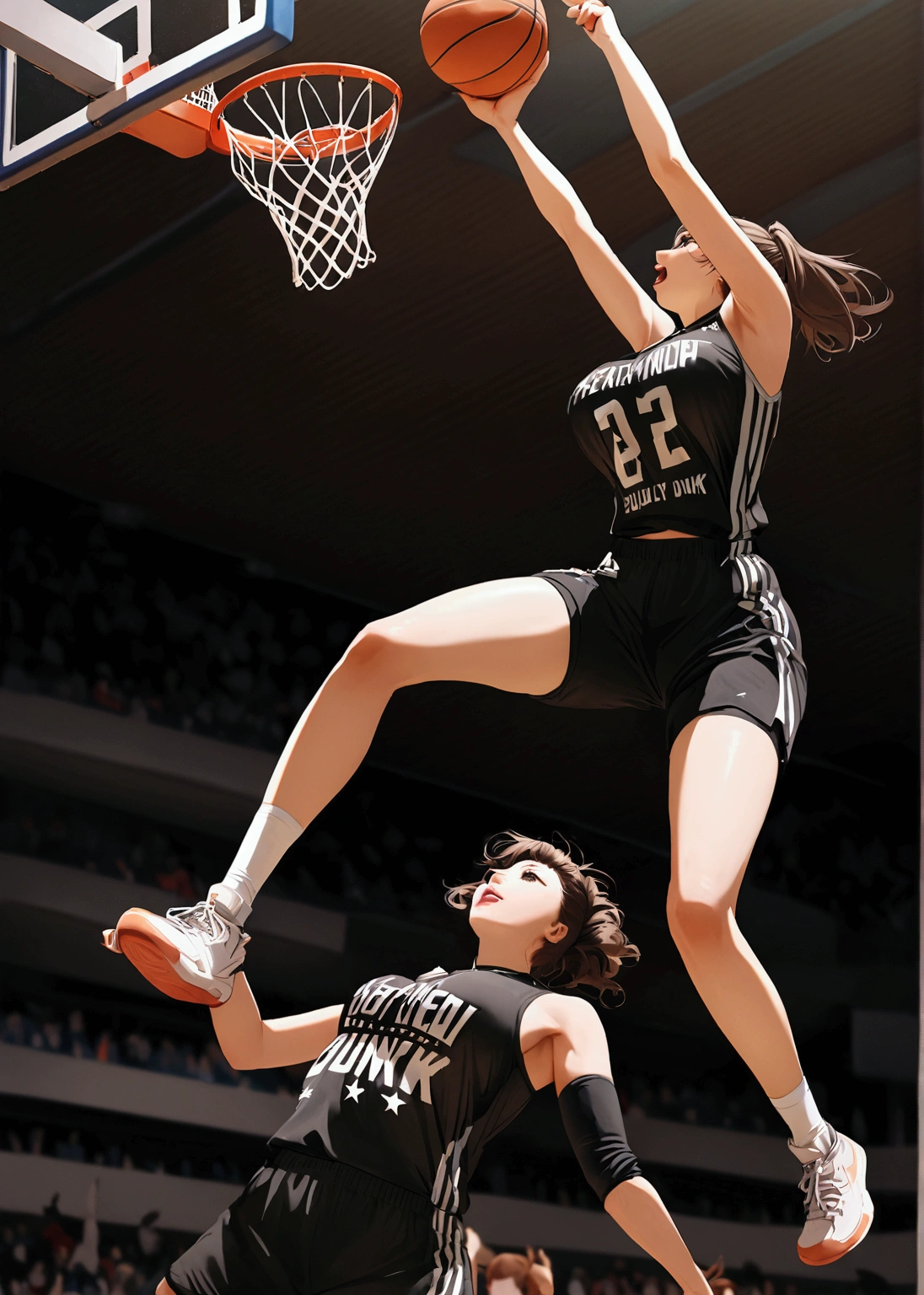 the moment of Game-Winning Dunk by beautiful busty female basketball player, full body shot, huge breasts