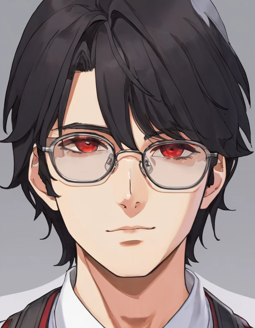A man with Black hair with a short middle part and the ends of his hair is red, has red eyes and plus-shaped pupils, wears rectangular glasses With the frame below empty, he has a handsome, soft and kind face, he wears a white shirt and a gray vest, his appearance looks like a college student,,He looked at the camera with his gentle face