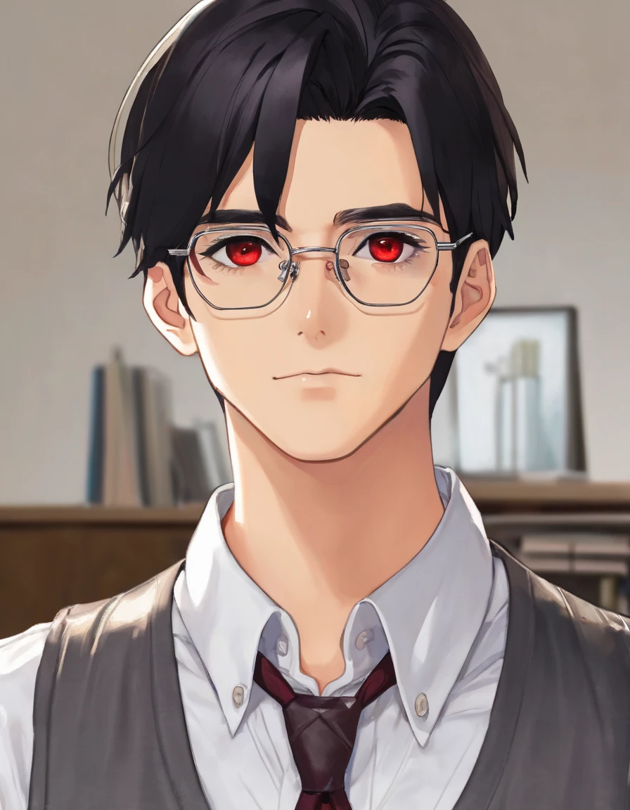 A man with Black hair with a short middle part and the ends of his hair is red, has red eyes and plus-shaped pupils, wears rectangular glasses With the frame below empty, he has a handsome, soft and kind face, he wears a white shirt and a gray vest, his appearance looks like a college student,,He looked at the camera with his gentle face