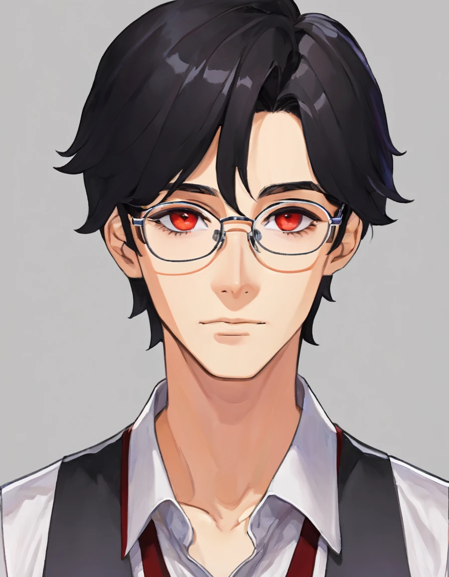 A man with Black hair with a short middle part and the ends of his hair is red, has red eyes and plus-shaped pupils, wears rectangular glasses With the frame below empty, he has a handsome, soft and kind face, he wears a white shirt and a gray vest, his appearance looks like a college student,,He looked at the camera with his gentle face