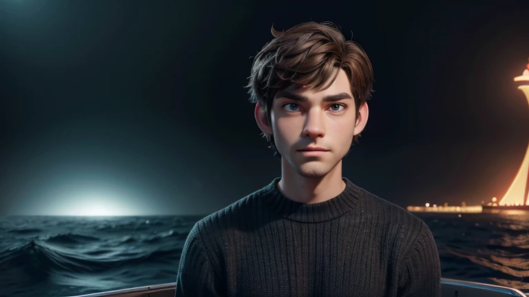 Create a 3D animation image from Pixar, the character is a man with short brown hair, green eyes, light skin, black sweater, jeans and black sneakers. He is on a boat in a storm at sea. Ensure the illustration has a warm and inviting atmosphere, the image is rendered in high definition, capturing the exciting essence of the moment, and the composition exudes cinematic quality, Typography, Concept Art, Photo, Illustration, 3D Rendering, Cinematic , poster, vibrant, portrait photography, that is visually appealing to young people, use vibrant colors.